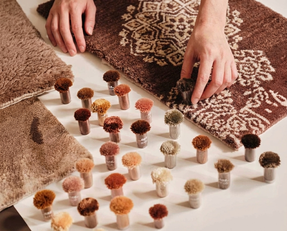 Nina Bruun collaboration - artisan hands selecting yarn color samples with handcrafted rug patterns