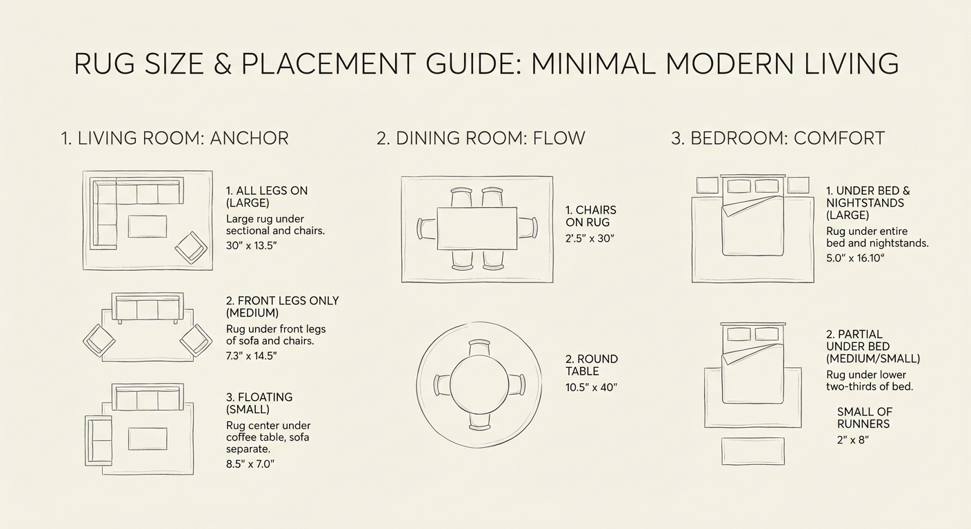 Rug Size and Placement Guide - Living Room, Dining Room, and Bedroom configurations